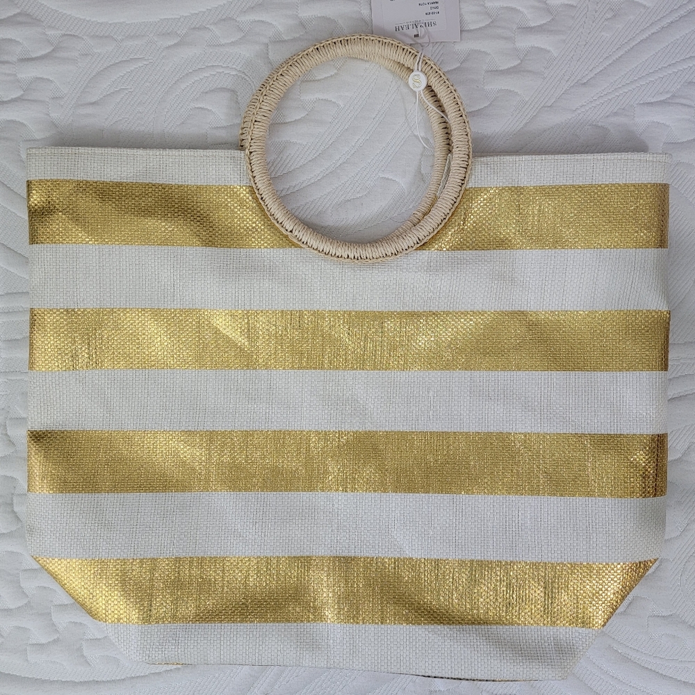 NWT Shiraleah Chicago Gold White Striped Handled Lightweight Marta Tote - Picture 2 of 8